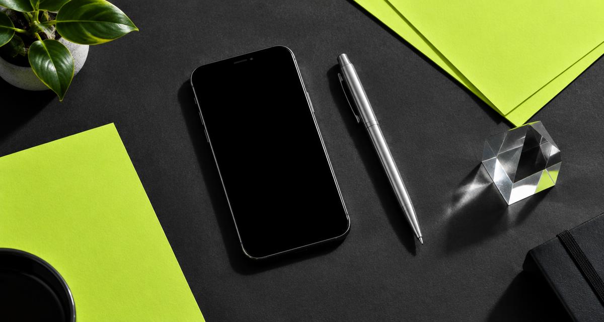Celular sobre uma mesa escura com papéis verde-limão e um prisma de vidro.